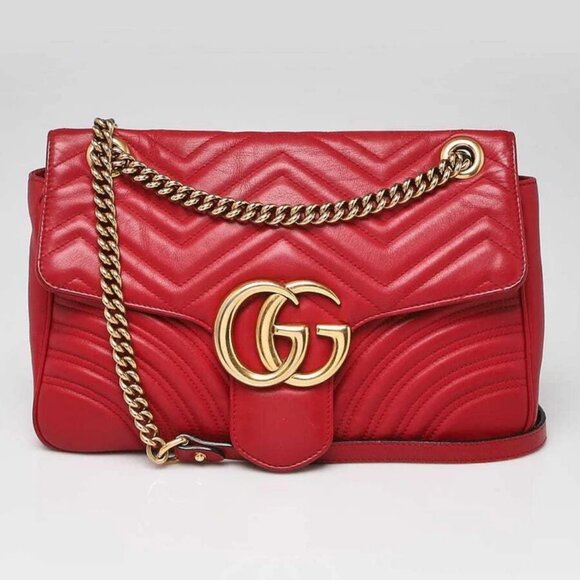 Gucci Red Quilted Leather GG Marmont Medium Matelasse Shoulder Bag - Picture 1 of 10